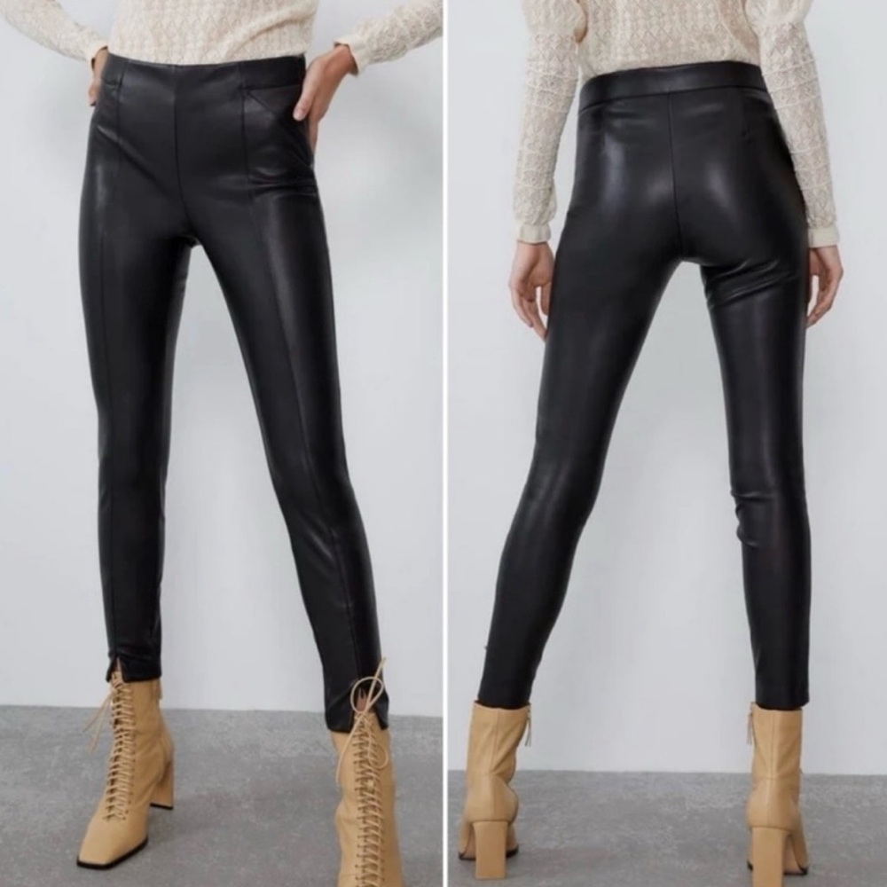 Zara Sleek Black Faux Leather Ankle Zip Skinny Stretch Women’s Pants, XS‎